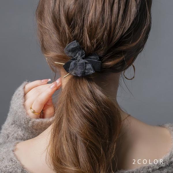ポニー フックリボン オーガンジー ベロア メタル ノット 異素材 透け感 ヘアゴム ヘアアクセサリ...