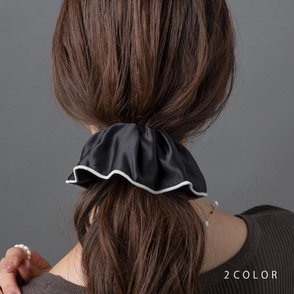 クラップカフ ポニーフック ヘアゴム ロールカフ パイピング フリル サテン調 微光沢 ヘアアクセサ...