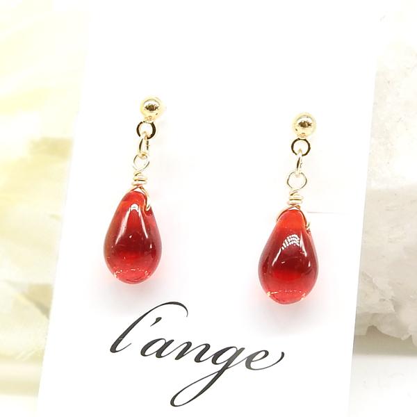 イヤリング 赤 雫 ノンホールピアス 樹脂 ゴールド レッド チェコガラス レディース