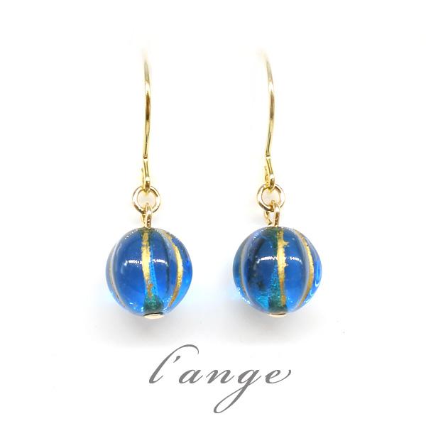 レディース ピアス 金属アレルギー対応 ブルー 8mm ガラス 24KGP ゴールド フック 樹脂ピ...