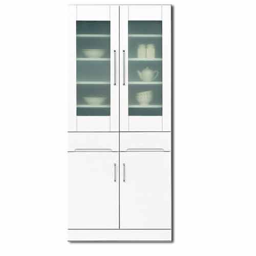 食器棚 白家具　鏡面 開梱設置送料無料 日本製 一本立ち完成品 キッチンボード 幅80cm 高さ18...