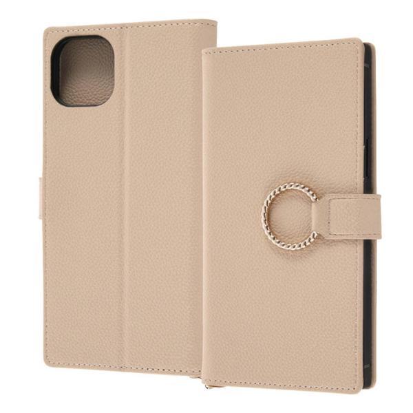 iPhone 14Plus 手帳型 スマホ ケース カバー KAKU リング付 ベージュ PU レザ...