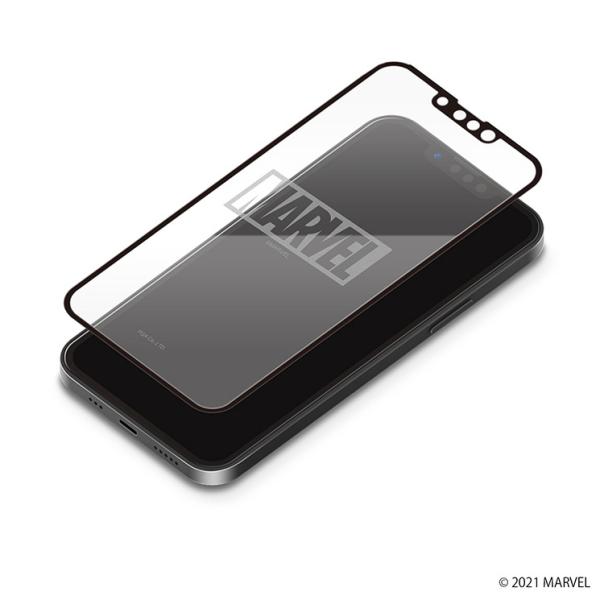 iPhone 13 13Pro 液晶画面全面保護ガラスフィルム MARVEL マーベル ロゴ 抗菌 ...
