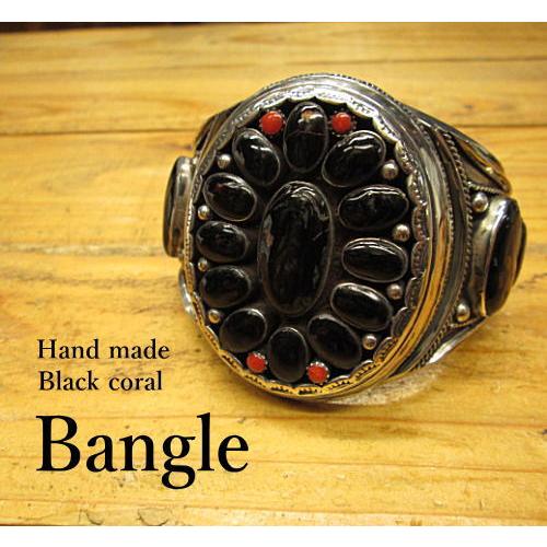 ブラックコーラル黒珊瑚バングル ハンドメイド クラスタータイプSilver925 メール便不可 腕/...