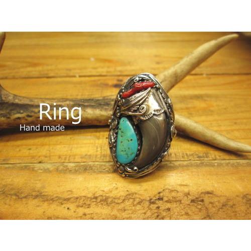 熊爪　リング(ゲテモノ) 指輪ハンドメイド 天然ターコイズ シルバー925/インディアンメンズ/レデ...
