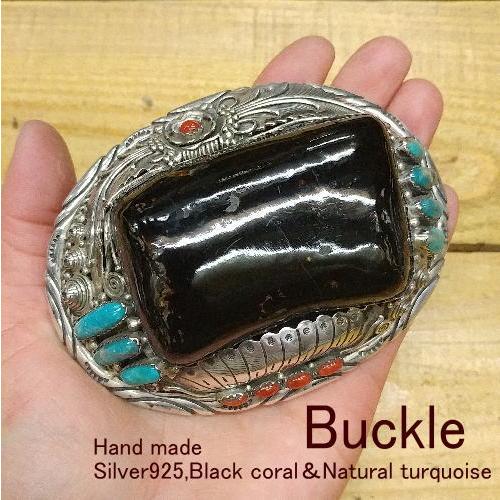 バックル ブラックコーラル 黒珊瑚 Silver925 ターコイズ ナバホ インディアンジュエリース...
