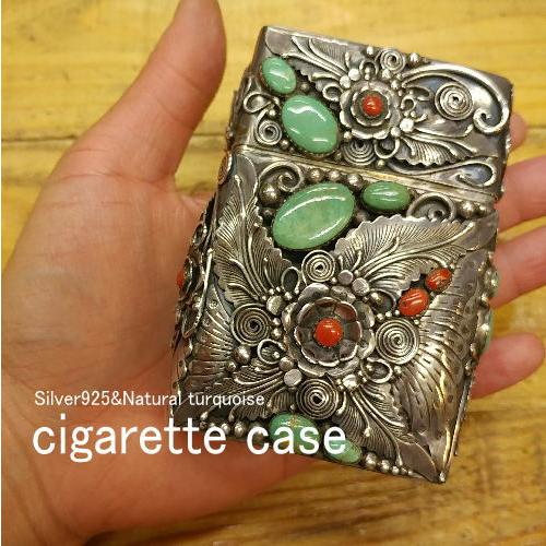 シガーケースタバコケースターコイズ(グリーン)&amp;Silver925ハンドメイド ナバホスタイル 喫煙...
