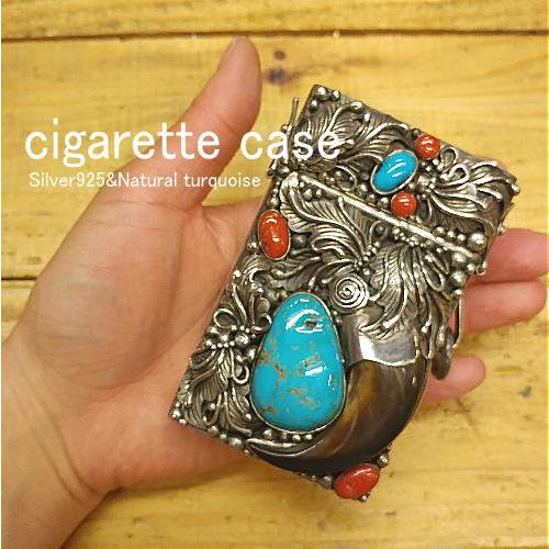 シガーケース　タバコ(装飾片面)ターコイズ(ブルー)&amp;Silver925ハンドメイド ナバホスタイル...