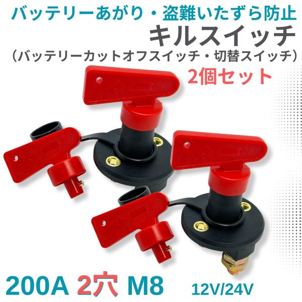 キルスイッチ 200A M8 12V 24V 2穴タイプ ハンドルスペア付 2個セット バッテリー ...