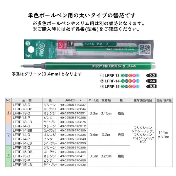 フリクションインキ シナジーノック用替芯 ボール径:0.3／0.4／0.5ｍｍ 品番:LFRF-13...