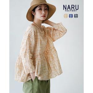 ナル NARU  60ローンリップルチェック ギャザーチュニック キャメル ブルー ブラック 茶 黒 青 レディース 2024春夏 654851｜crouka