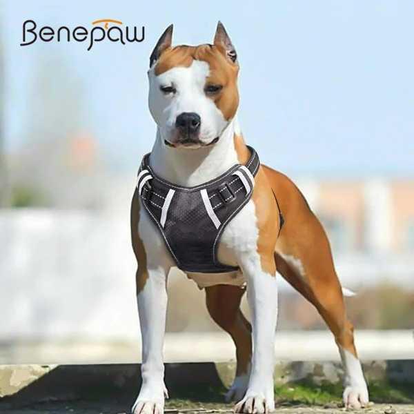 Benepaw通気性のないプル大型犬ハーネスベストソフト調整可能な反射耐久性のあるペットハーネス中ビ...