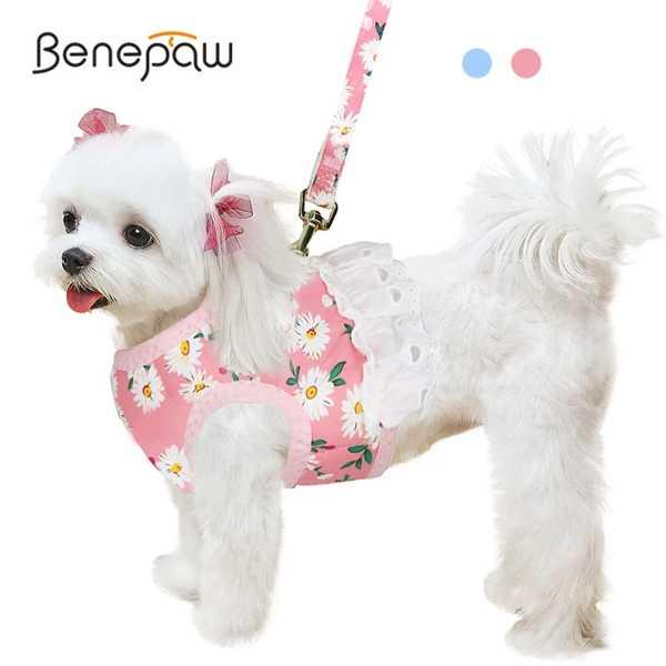 BENEPAW-犬用ハーネスセット 軽量 通気性 メッシュ 花柄 中小サイズの犬用ハーネス 簡単に装...
