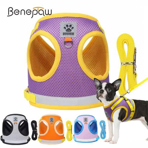 Benepaw-小型犬と猫のためのハーネスセット 調整可能で反射性のあるペットベスト ハーネス ウォ...