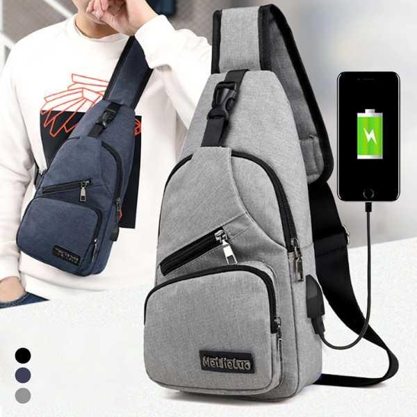 男性用盗難防止チェストバッグ 短いメッセンジャーバッグ 革製 USB充電付き 学校用