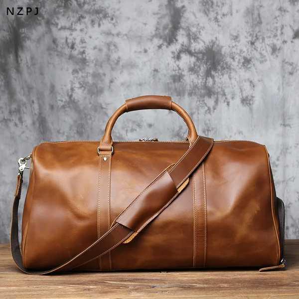 Nzpj-男性用ヴィンテージ本革バッグ、大容量旅行かばん、クレイジーホースレザーハンドバッグ、天然牛...