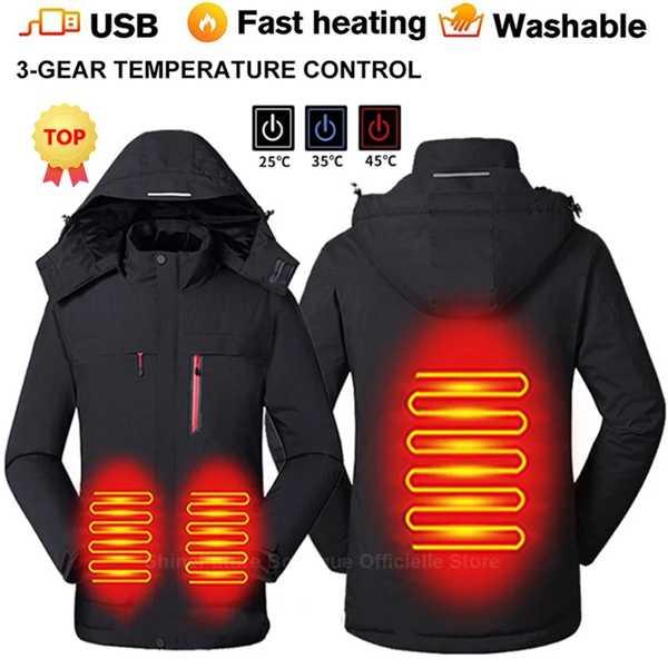 男性と女性のためのUSB電気加熱ジャケット 防水フード付き衣服 暖かいウインドブレーカー 冬