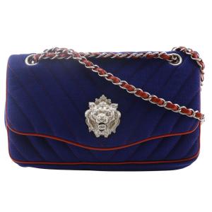 CHANEL シャネル ダブルチェーンショルダー Vステッチ ライオン シェブロン ショルダーバッグ コットン 紺/赤 【I151525113】中古
