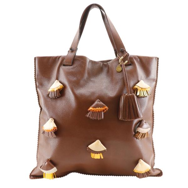 LOEWE ロエベ アナグラム フリンジ タッセル ハンドバッグ ラムスキン 茶 レディース【I21...