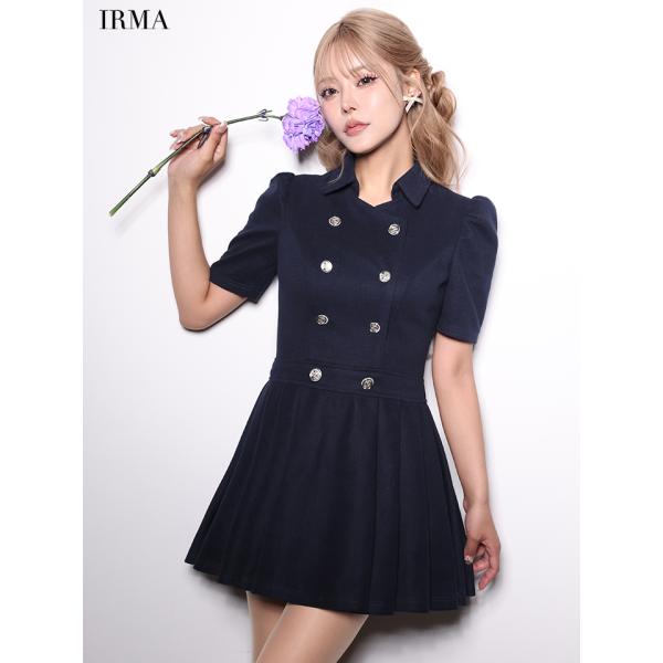 【IRMA/イルマ】半袖ダブルボタンフレアプリーツミニドレス(ir61045)