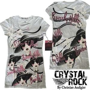 CRYSTAL ROCK クリスタルロック BY CHRISTIAN AUDIGIER クリスチャンオードジェー レディース チュニック Tシャツ ラインストーン BEVERLY HILLS ライトブルー｜crs