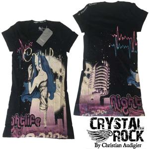 CRYSTAL ROCK クリスタルロック BY CHRISTIAN AUDIGIER クリスチャンオードジェー レディース チュニック Tシャツ ラインストーン NIGHT LIFE ブラック｜crs