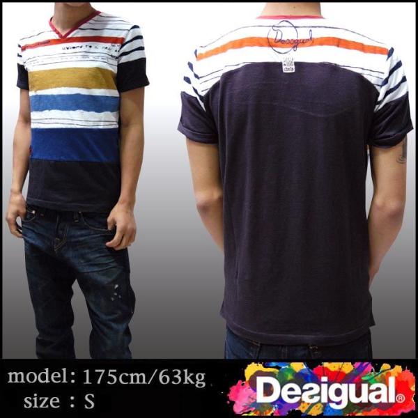 デシグアル メンズ Tシャツ ボーダー 半袖 Vネック tシャツ Desigual 31T1407 ...