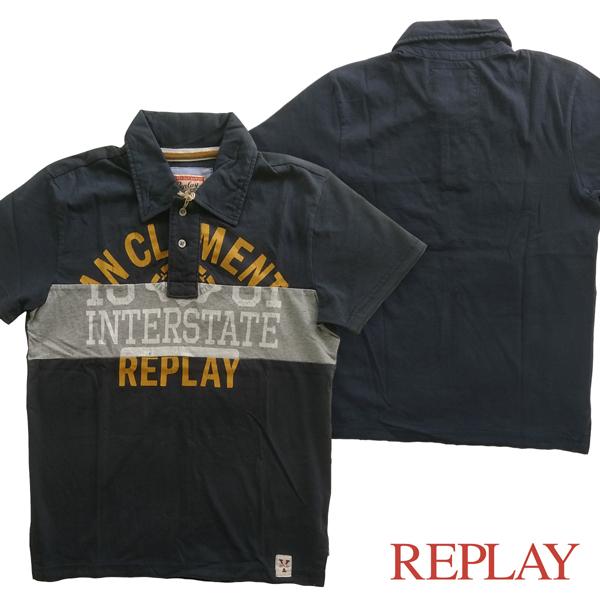 REPLAY リプレイ メンズ ポロシャツ ネイビー トップス 半袖 シャツ インポート イタリア ...
