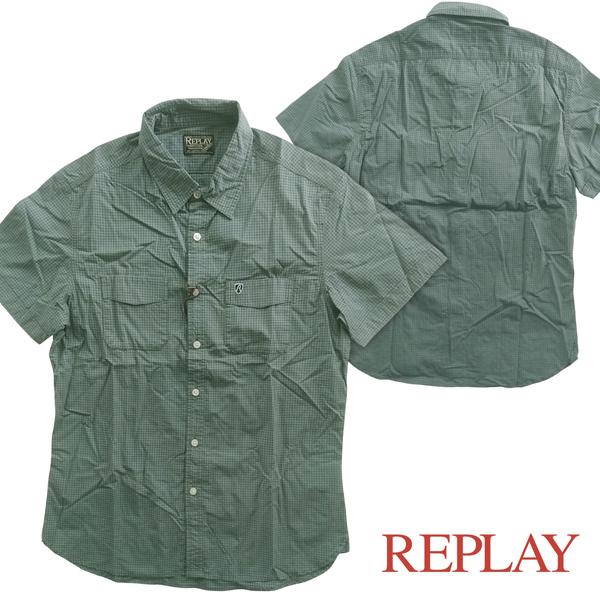REPLAY リプレイ メンズ 半袖シャツ ダークグリーン トップス インポート イタリア デニム ...