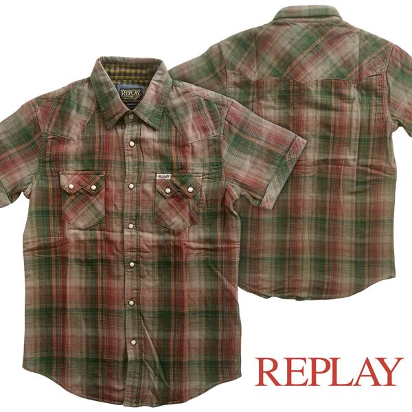REPLAY リプレイ メンズ 半袖 ウェスタンシャツ グリーン レッド  トップス インポート イ...