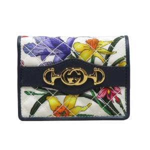 GUCCI (グッチ) インターロッキングフローラミニウォレット 折財布 536353  ブルー系 キャンバス×レザー 新同｜cruru