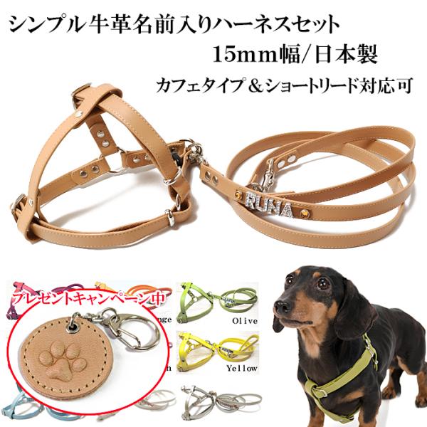 ハーネス 犬 おしゃれ 安全帯 小型犬 中型犬 名前入り シンプル革ハーネス１５mm幅＋リード付　Ｍ...