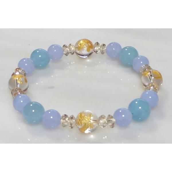 022 天然石 ブレスレット 四神彫水晶 10mm珠 アクアマリン ブルーレースアゲード