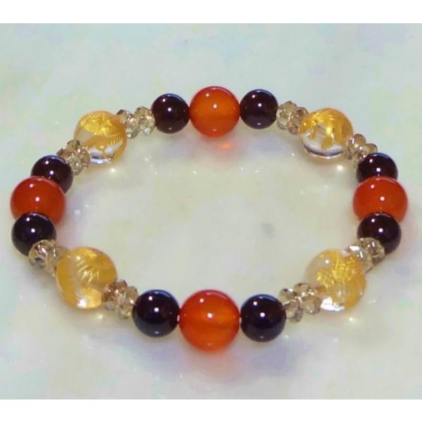 030 天然石ブレスレット 四神彫水晶 カーネリアン レッドガーネット