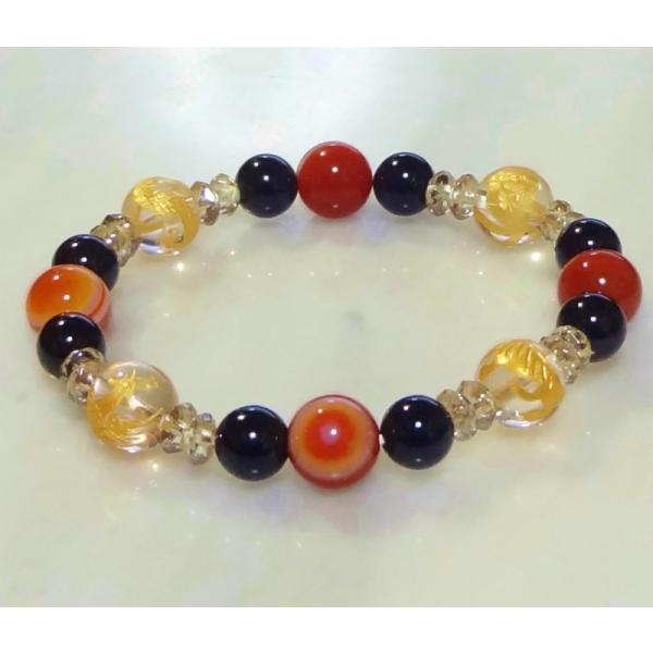 032 天然石 ブレスレット 四神彫水晶 赤天眼石 ブラックオニキス