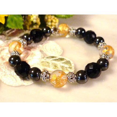 051 天然石 ブレスレット 四神彫水晶 ブラックオニキス ヘマタイト クリスタル　