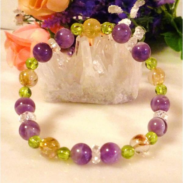256 天然石 ブレスレット ルチルクォーツ ペリドット ケープアメジスト