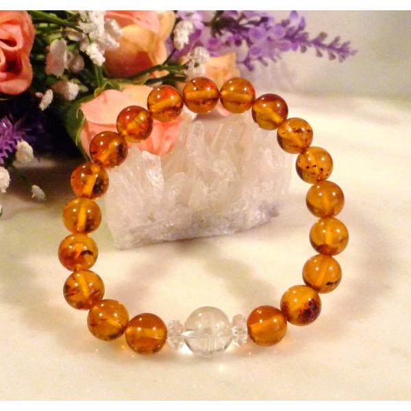 天然石 パワーストーン 梵字 ブレスレット キリーク 子年 アンバー 水晶 266
