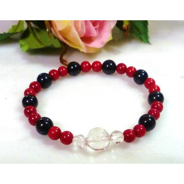 天然石 パワーストーン 梵字 ブレスレット バン 未年 赤珊瑚 黒翡翠 水晶 283