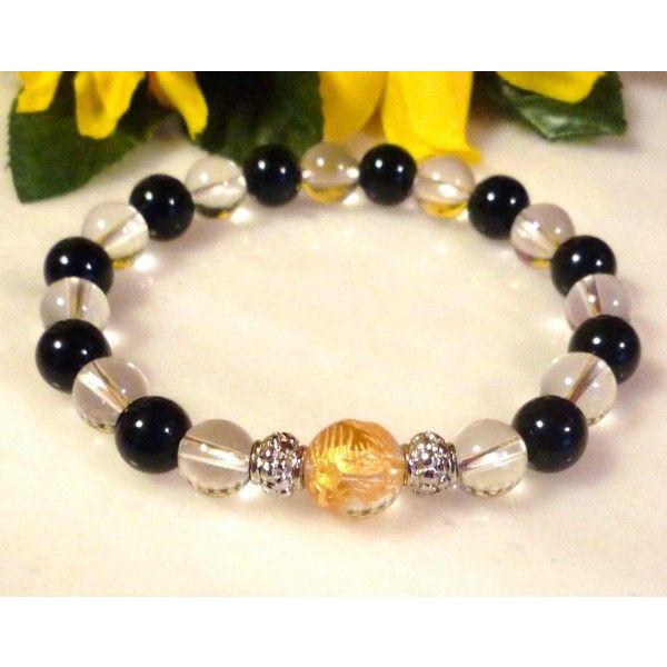 375 天然石 パワーストーン ブレスレット 五爪の龍 水晶 ブラックオニキス