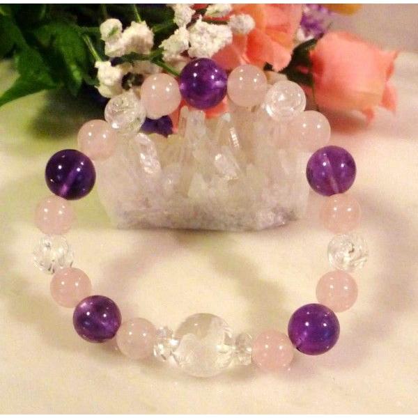 391 天然石 パワーストーン ブレスレット 朱雀彫 水晶 アメジスト ローズクォーツ　