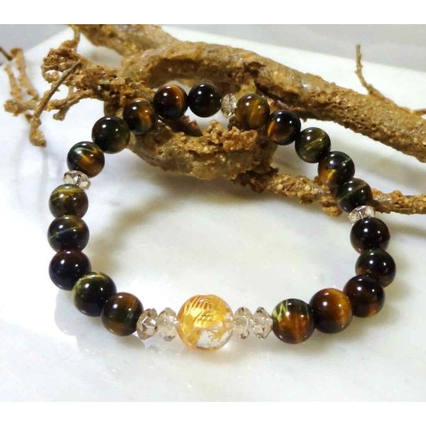 406 天然石 パワーストーン ブレスレット 五爪龍彫水晶 ツートンタイガーアイ 天然水晶