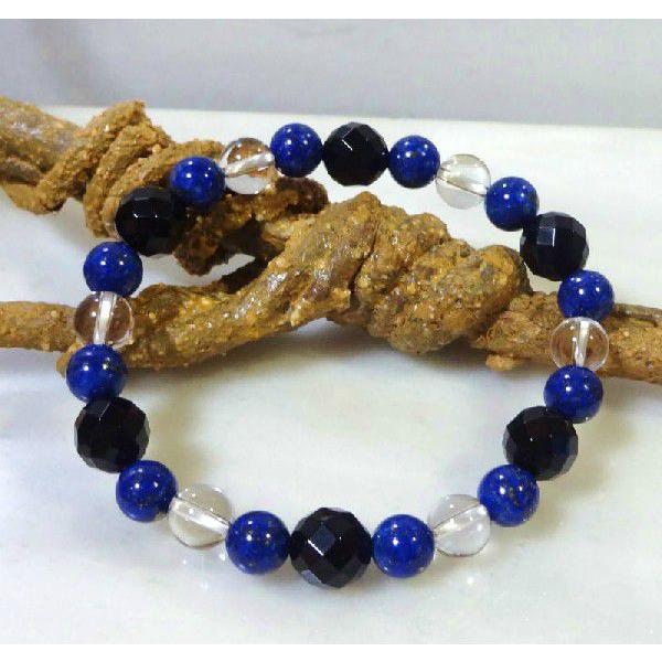 天然石 パワーストーン ブレスレット ラピスラズリ 瑠璃石/ブラックオニキス 黒瑪瑙/クリスタル  ...