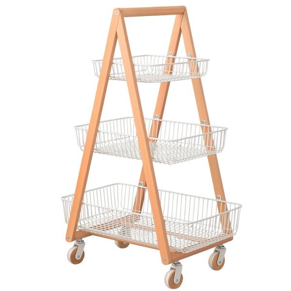 バスケットワゴン キャスター付き 3段 ワゴン ラック キッチンワゴン バスケット 天然木 ナチュラ...