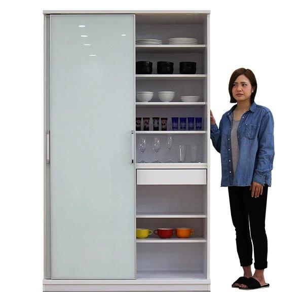 食器棚 スライド扉 キッチンボード 120 大川家具 完成品 ガラス扉 ガラス引き戸 引き出し収納 ...