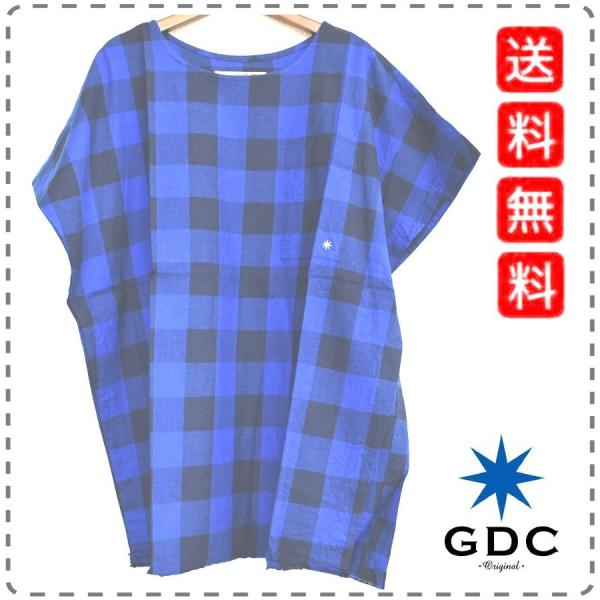 GDC ジーディーシー 日本製 チェックノースリーブシャツ ポンチョ ベスト 丸首 胸ポケット ユニ...