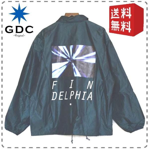 メンズSサイズ ターコイズ 日本製 長袖ナイロンコーチジャケット バックプリント 前ボタン GDC ...