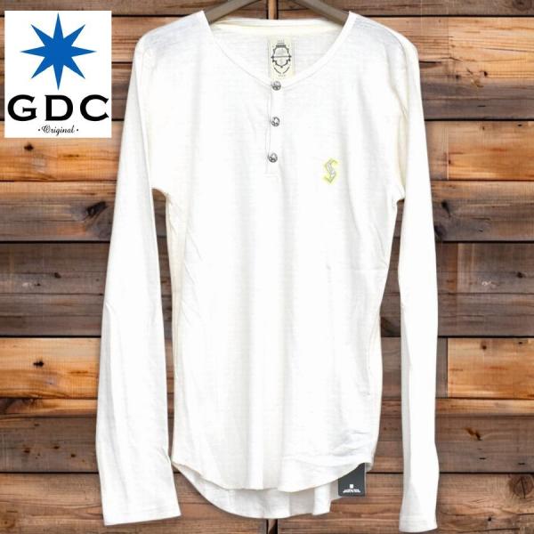 メンズSサイズ ホワイト 日本製 ヘンリーネックダメージ加工 7分袖Tシャツ GDC ジーディーシー...
