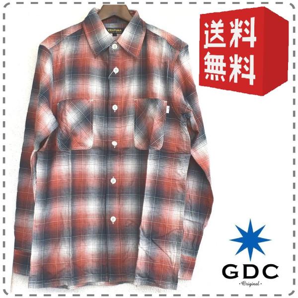 メンズ44サイズ えんじ 日本製 長袖シャーリングチェックシャツ GDC ジーディーシーxVENTU...