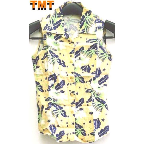 レディースXSサイズ オレンジ系 TMT 正規サンプル品 花柄 ノースリーブ開襟シャツ アロハシャツ...